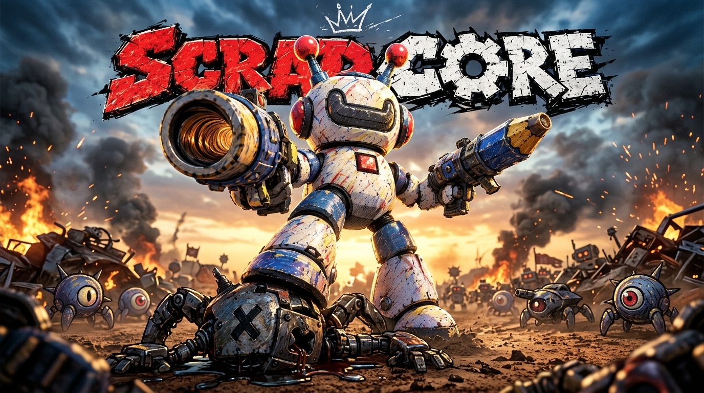 SCRAP CORE poster: CoreBro, a robot made of scrap, with a pencil gun and an eraser cannon